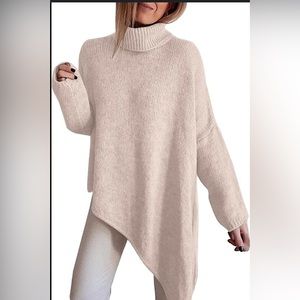 Ivory Turtleneck Knit Sweater with Asymmetric Hem